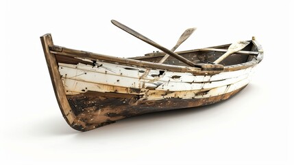 Photo of a wrecked boat on a white background. a boat with oars - obrazy, fototapety, plakaty