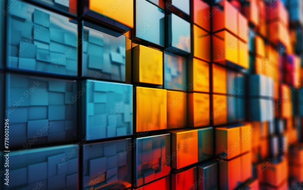 Poster a colorful wall made of blocks with a blue and yellow section. the blocks are arranged in a way that