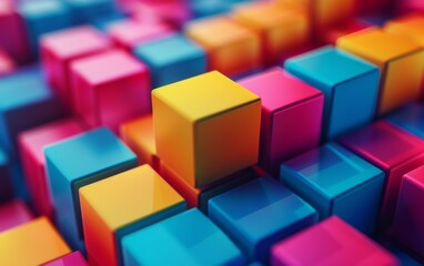 Fototapeta premium A colorful cube with a yellow square in the middle. The cubes are arranged in a pattern and the yellow square is the only one that stands out