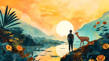 Man and Deer in Dreamlike Illustrations, To provide a unique and captivating visual for advertising, marketing, or editorial campaigns featuring - obrazy, fototapety, plakaty