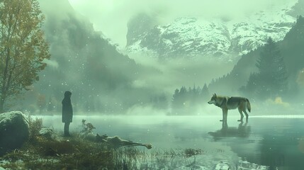 Obraz na płótnie Canvas Man and Wolf by the Water in Concept Art, To convey a sense of adventure and danger, and to showcase the power and beauty of the natural world