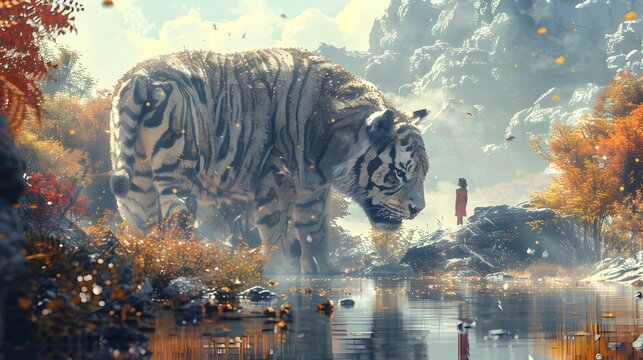 Majestic White Tiger in Sci-Fi Stream, To convey a sense of power and grace in a unique, otherworldly environment