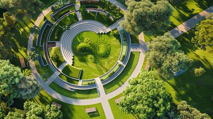 Aerial view of green park with circular stage - obrazy, fototapety, plakaty