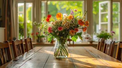 Fototapeta na wymiar A well-lit dining room with a polished wooden table and chairs, accented by a glass vase filled with a profusion of colorful flowers, creating a cheerful atmosphere