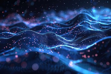 Abstract futuristic background. Big data visualization. Dynamic wave of particles,3d rendering of abstract digital particles with depth of field and bokeh. Futuristic glowing wave with depth of field  - obrazy, fototapety, plakaty