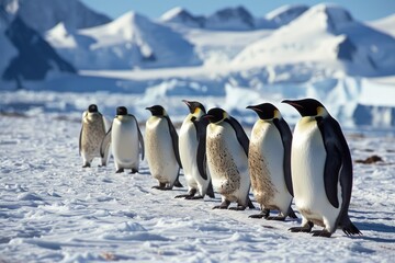 Obraz premium A group of Emperor Penguins in the snow-filled expanse of Antarctica, Penguins walking in the snow A group of king penguins, AI generated