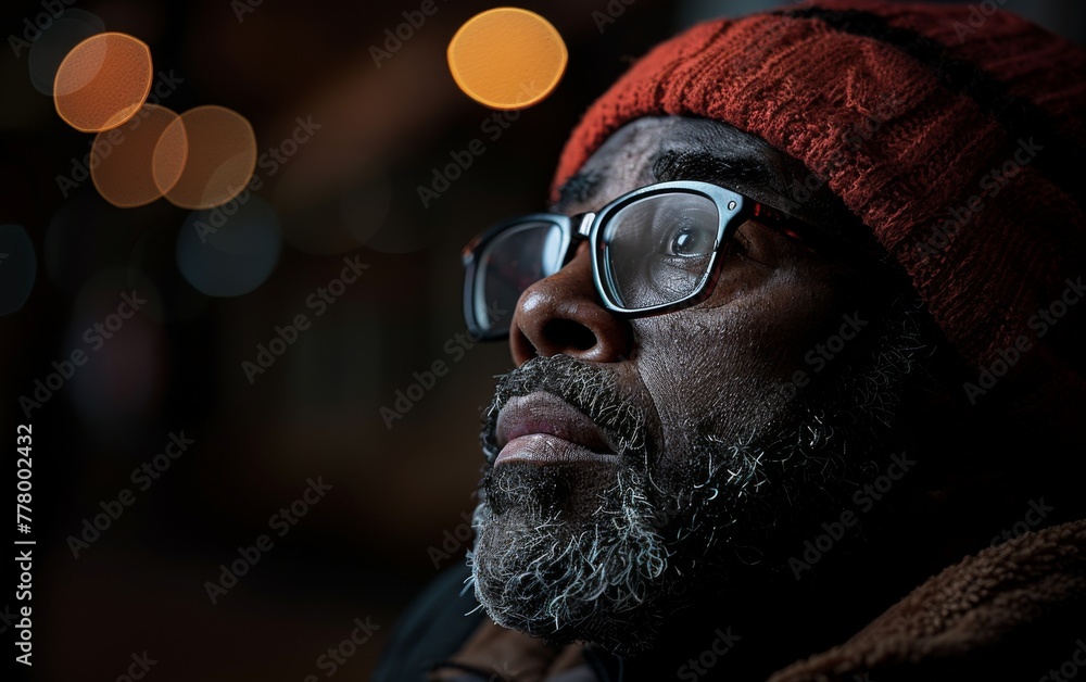 Poster a man with glasses and a red hat is looking at the camera. the image has a moody and somewhat myster