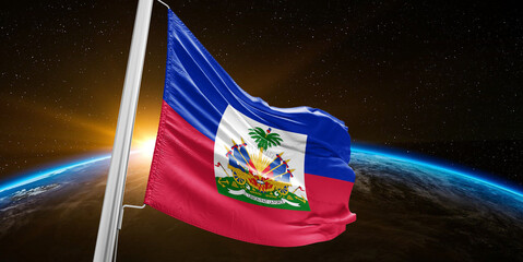 Haiti national flag cloth fabric waving on beautiful global Background.