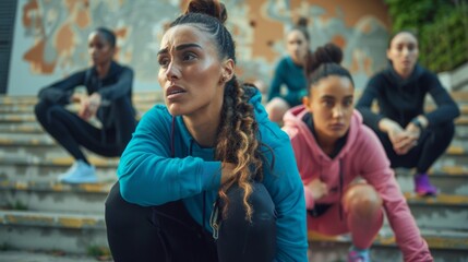 Obraz premium Group of men and women doing exercising together in stairs city. Multi-ethnic friends workout together and smiling. Running on the same place workout.