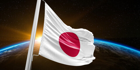 Japan national flag cloth fabric waving on beautiful global Background.