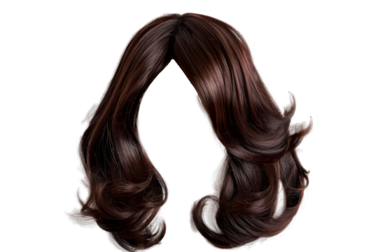 Stylish hair wig with trendy design isolated on background, front view, fashionable hairstyle concept.