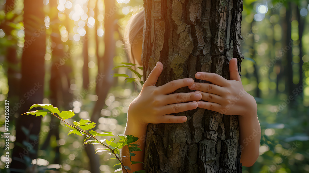 Poster closeup of hands hugging a tree trunk in a green forest
