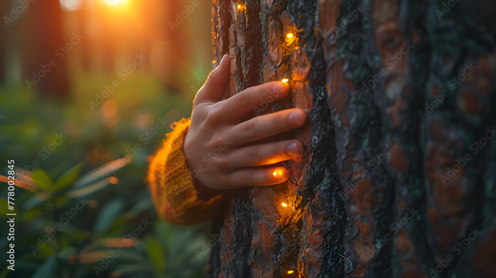 Poster closeup of hands hugging a tree trunk in a green forest