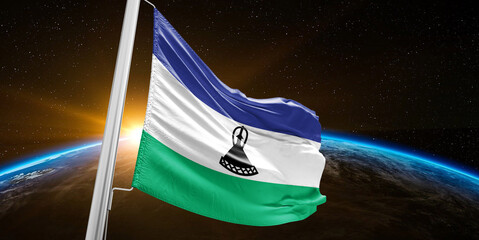 Lesotho national flag cloth fabric waving on beautiful global Background.