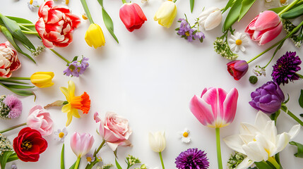 Colorful spring flowers frame a white background with copy space