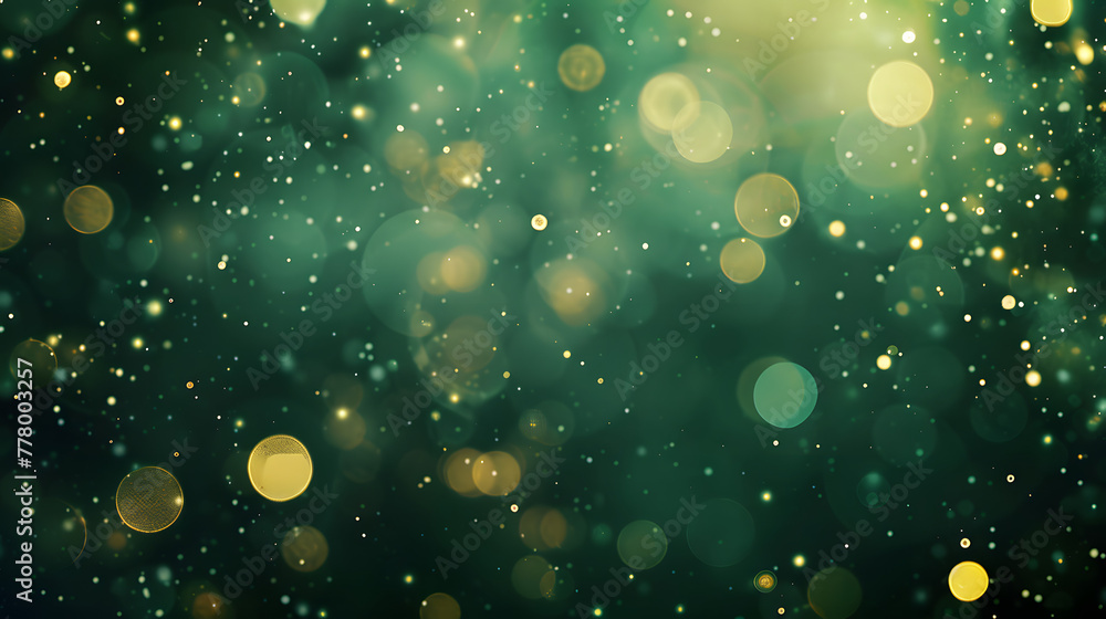 Poster dark green and gold abstract background with bokeh lights and sparkles