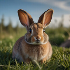 a rabbit with big eyes sitting in the grass, a very cute rabbit with big ears on some grass