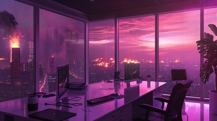 office background, super modern travel agency, slightly minimalist purple color, a city outside the window, a lot of burning buildings - obrazy, fototapety, plakaty