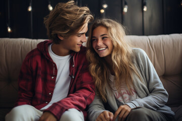 First love relationship sensuality tenderness. Portrait of smiling multiracial teenage school couple romantic mutual love on date in cafe restaurant