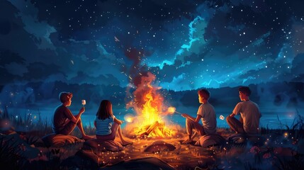 Friends Gathering Around Glowing Campfire Under Starry Night Sky Roasting Marshmallows and Sharing Stories in Cozy Outdoor Adventure - obrazy, fototapety, plakaty