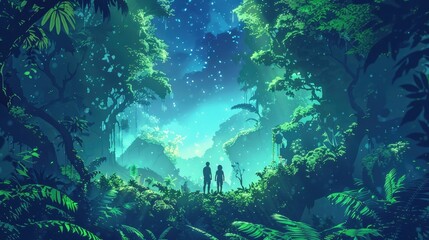 Fototapeta na wymiar Adventurous Souls Exploring the Depths of a Lush Green Forest Bathed in Ethereal Moonlight and Starry Skies