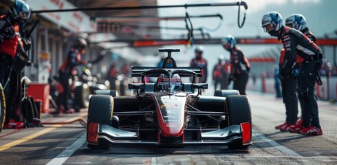 A race car is parked on the track with a group of people standing around it. Scene is one of excitement and anticipation for the upcoming race