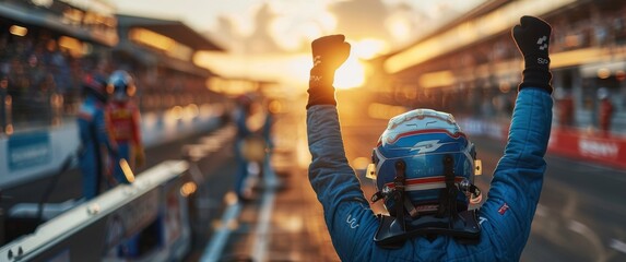 A man in a racing suit is celebrating his victory on a race track. The sun is setting in the...