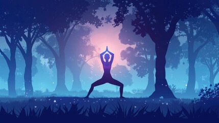 Peaceful outdoor yoga session in tranquil park with early morning mist and serene silhouetted figure in yoga pose