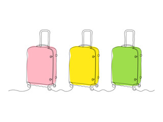 abstract set of three suitcases on wheels, continuous single line art hand drawing sketch