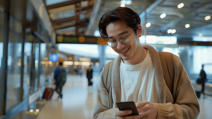 Handsome man smiling while using his phone at an airport terminal