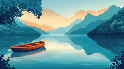 Tranquil Lakeside Adventure Surrounded by Lush Mountainous Landscapes and Serene Reflections - obrazy, fototapety, plakaty