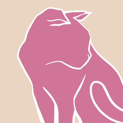 Pink cat facing backwards illustration. Contemporary poster print  template vector illustration