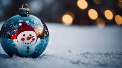 christmas ball on snow Over the winter, have a happy snowman within the Christmas bauble. 