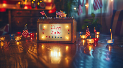 A charming lightbox sitting on a polished wooden table, shining brightly with the words "Happy July 4th," encircled by an array of miniature American flags