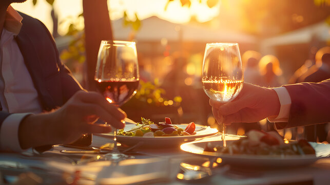 Intimate business dinner meeting between two well-dressed managers at upscale outdoor cafe terrace