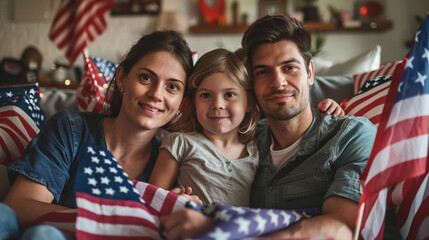 A charming family moment captured on film, with parents and their two children sitting together on a sofa, surrounded by American flags and patriotic decorations - obrazy, fototapety, plakaty