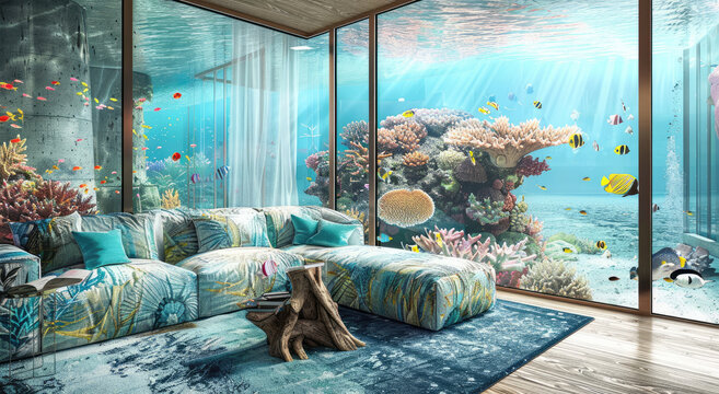 An underwater house in the Maldives with large windows and an aquarium inside, a sofa with coral patterns and blue pillows, a driftwood coffee table, a large glass window showing clear water