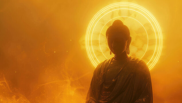 A glowing golden Buddha statue with a halo behind its head
