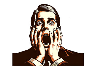 両手を頬に当てて驚く男性のレトロなイラスト