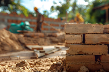 Focused builder laying bricks at construction site on sunny day