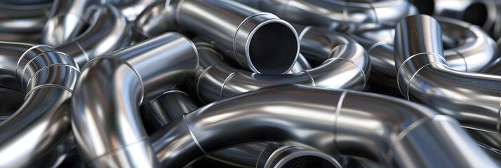 Background of metal twisted pipes. Brilliant clean indirect tubes. - obrazy, fototapety, plakaty