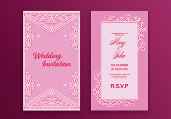 Two Pages Wedding Invitation Card with Laser Cut Design in Pink Color.
