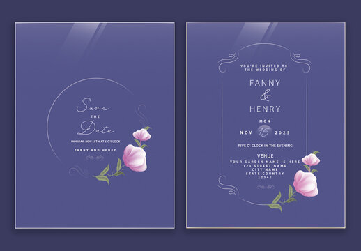 Two pages wedding invitation card in blue color with pink rose design. 