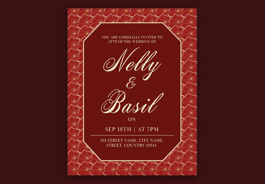 One page wedding inviation card, in red and wine color. 