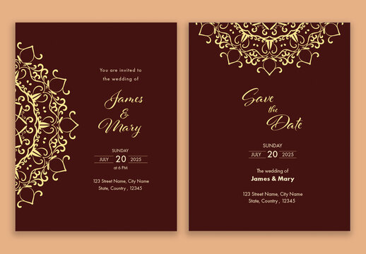 Two pages wedding invitation card in golden and wine color. 