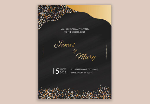 Golden and Black Color Wedding Invitation Card with Event Details.