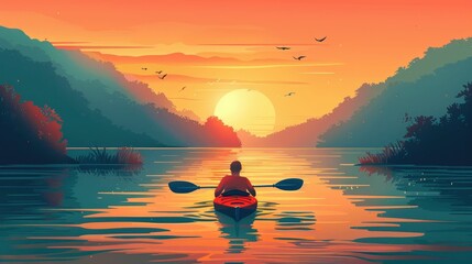 Solitary Kayaker Navigating a Serene River at Sunset Amidst Majestic Mountains and Vibrant Skies - obrazy, fototapety, plakaty