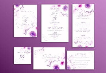 Beautiful Flowers Decorated Wedding Invitation Card Suite or Template in Water Color Style.