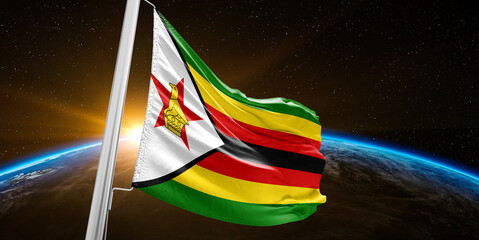 Zimbabwe national flag cloth fabric waving on beautiful global Background. - obrazy, fototapety, plakaty
