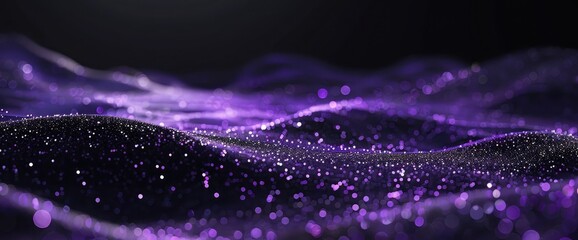 Beautiful black background with a purple glitter. 3d rendering,A radiant violet glitter bokeh background, ideal for use in beauty, romance-themed visuals or celebratory event graphics.Panoramic banner - obrazy, fototapety, plakaty